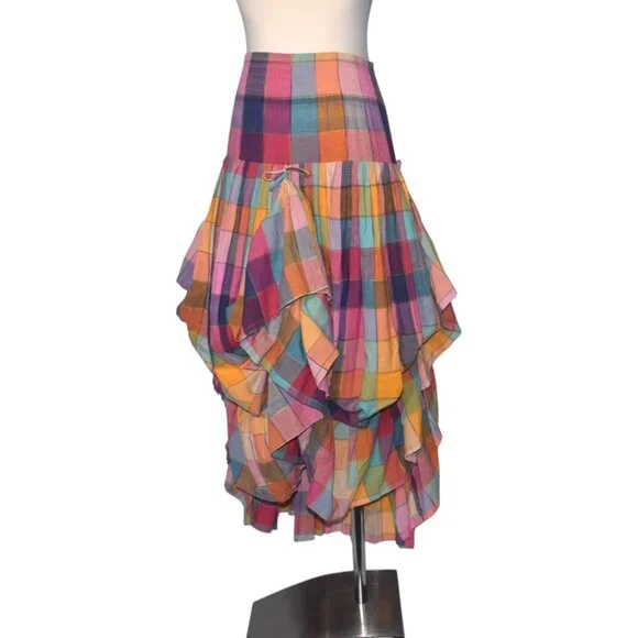 Norma Kamali Vintage 80s Rainbow Plaid Madras Ruffle Skirt Cottagecore Boho S M - Picture 2 of 9